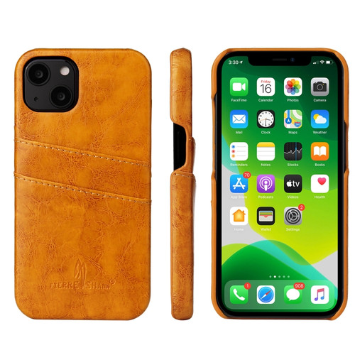 iPhone 13 Fierre Shann Retro Oil Wax Texture PU Leather Case with Card Slots - Yellow
